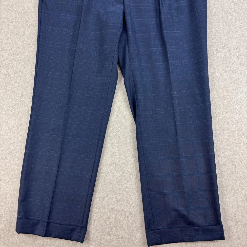 J Hilburn Dress Pants Mens 42x31 Blue Plaid‎ Vitale Barberis Wool Pleated Cuffed